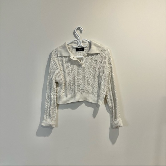 Cider | womens xsmall white cable knit cropped sweater with collar and buttons. - Picture 2 of 6